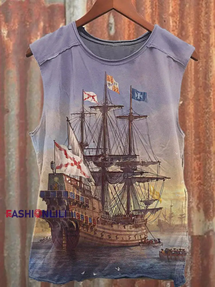 Men's Casual Sailing Ship Printed Tank Top