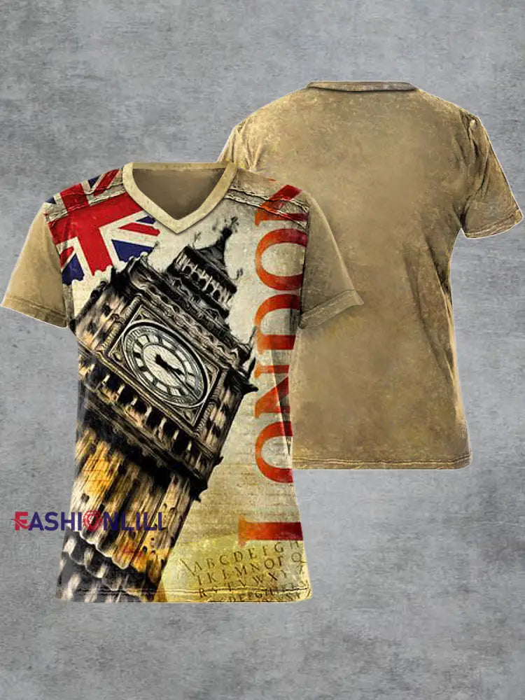 Men's Retro London Printed V-neck Short-Sleeved T-shirt