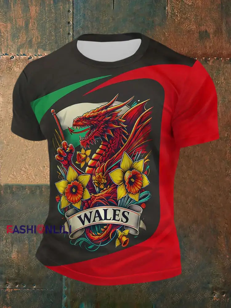 Men's Welsh Dragon Print Casual T-shirt