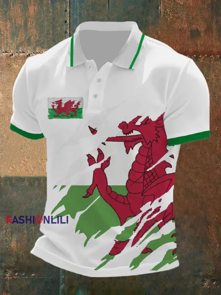 Men's Welsh Flag Casual Button T-Shirt