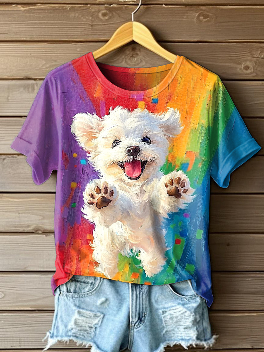 Women's Cute Dog Oil Painting Art Short Sleeve T-Shirt