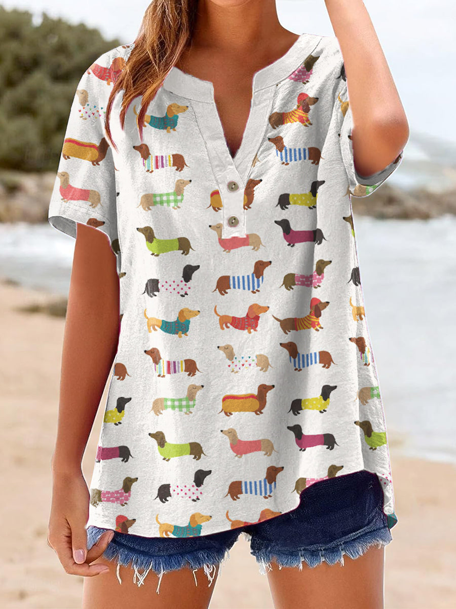 Women's Dachshund Art Print Linen Shirt