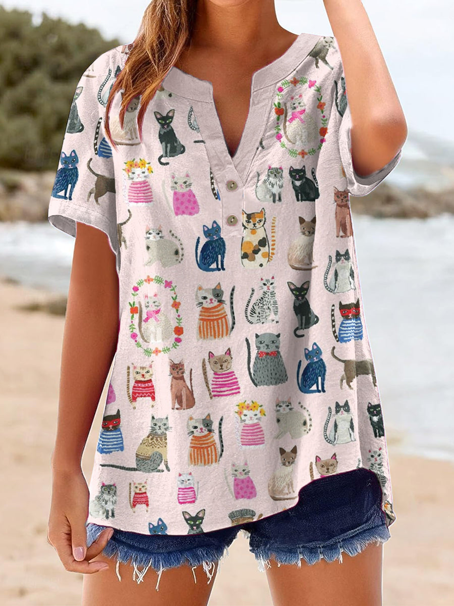 Women's Cat Art Print Linen Shirt