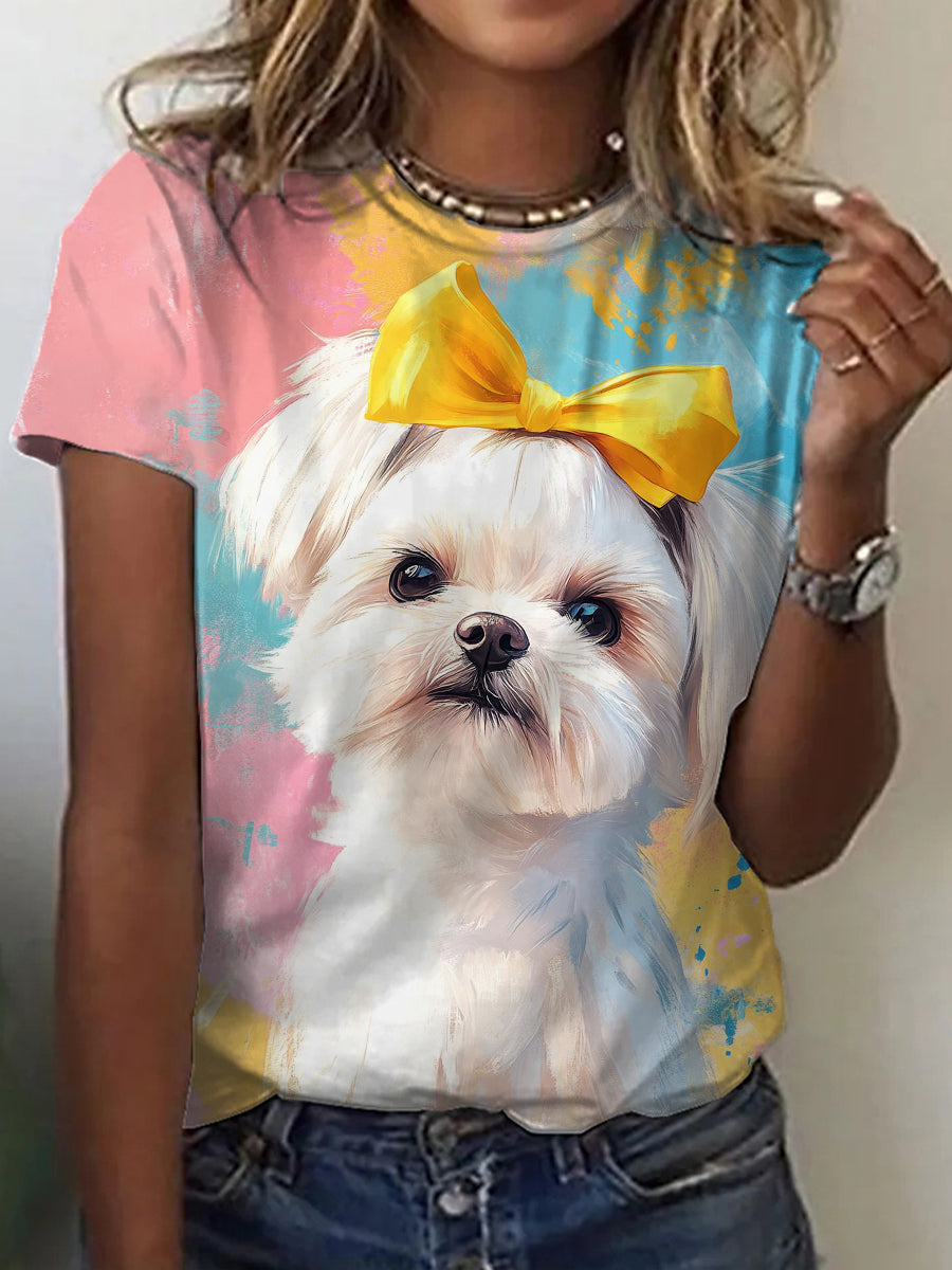 Women's Oil Painting Art Dog Print T-Shirt
