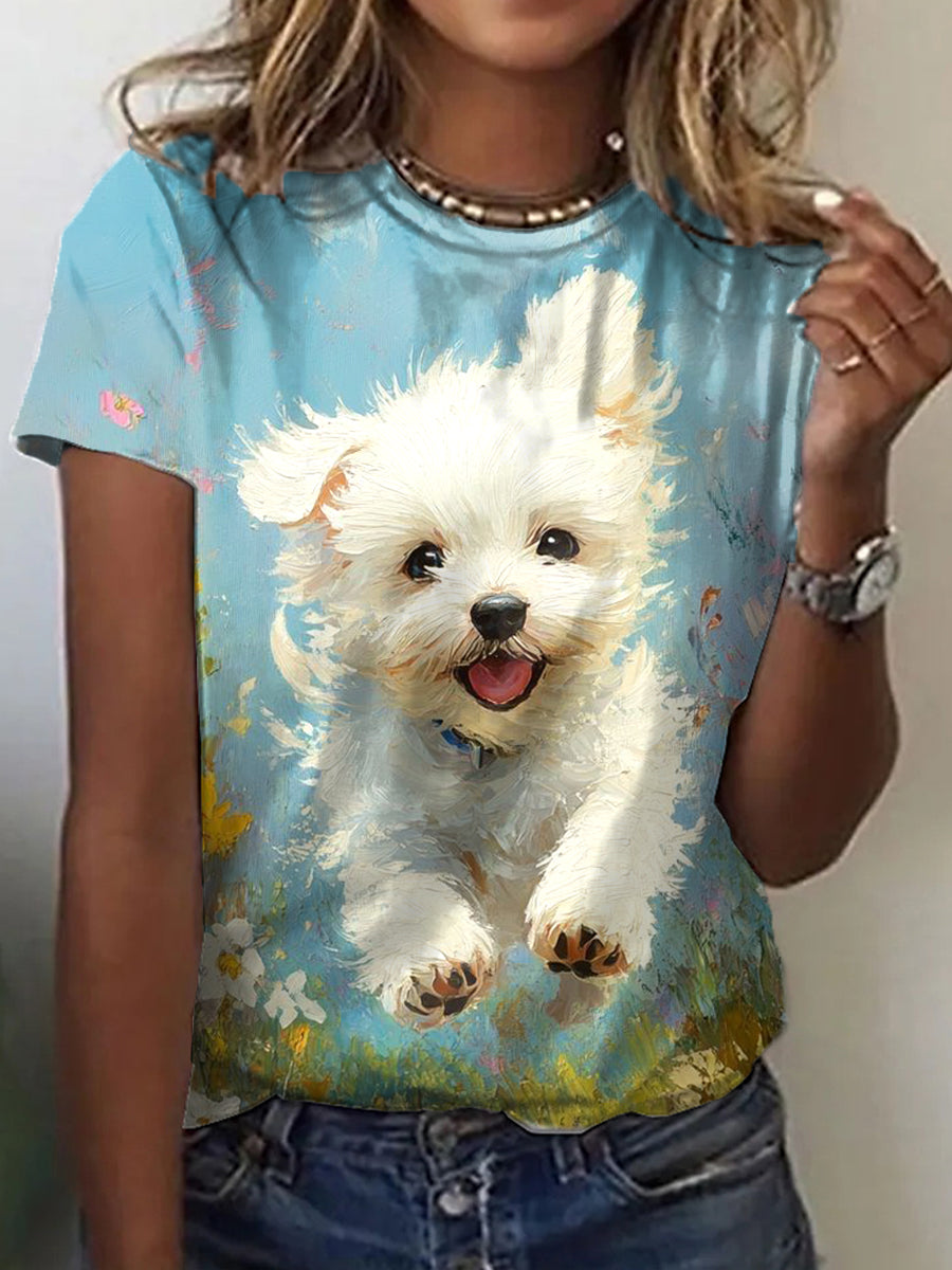 Women's Dog Oil Painting Art Print T-Shirt