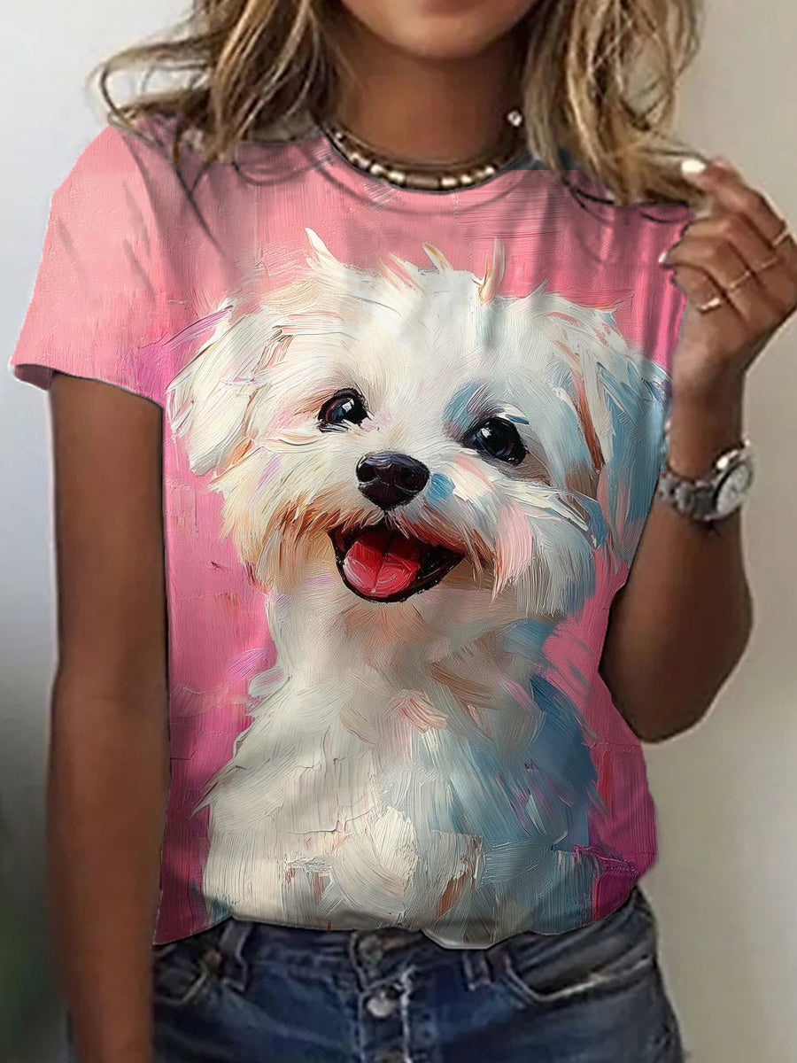 Women's Cute Dog Oil Painting Art Print T-Shirt