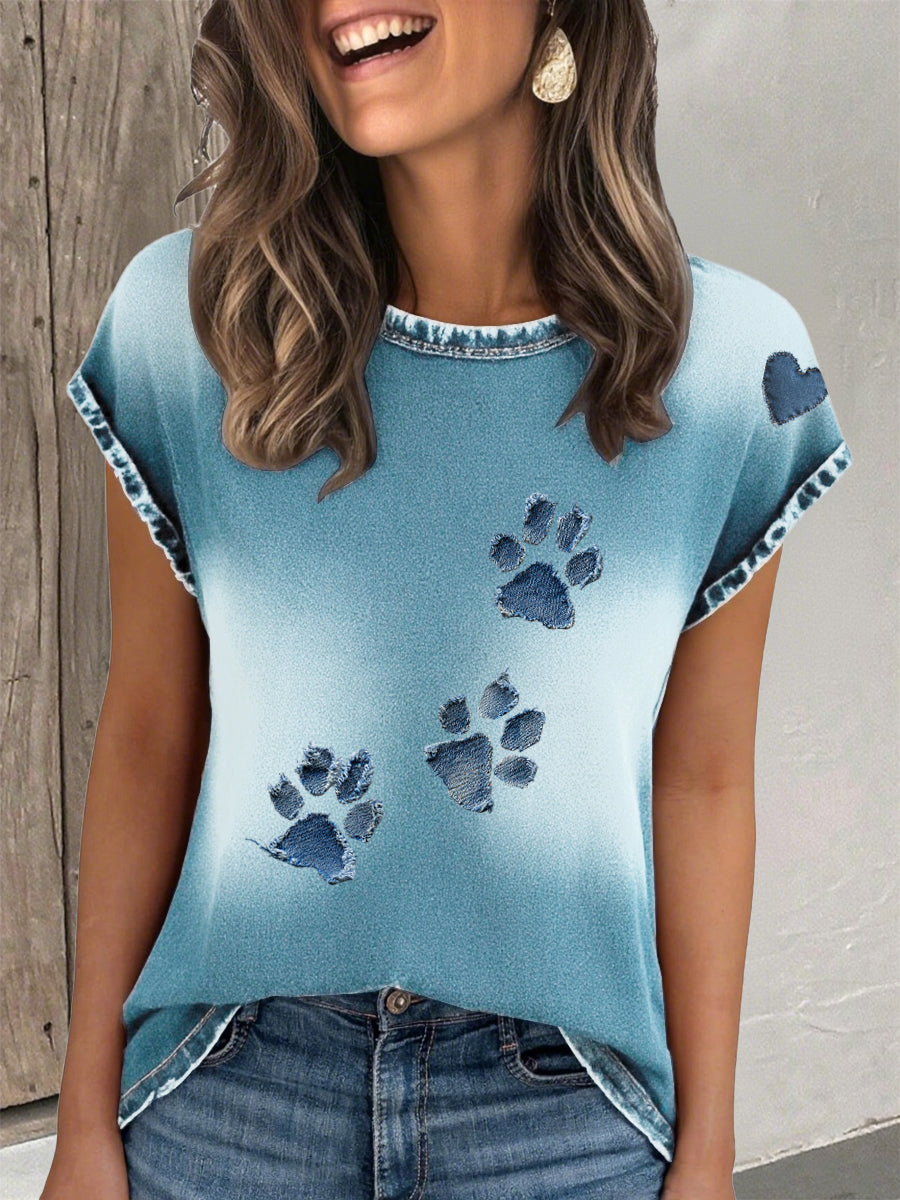 Women's denim paw print T-shirt