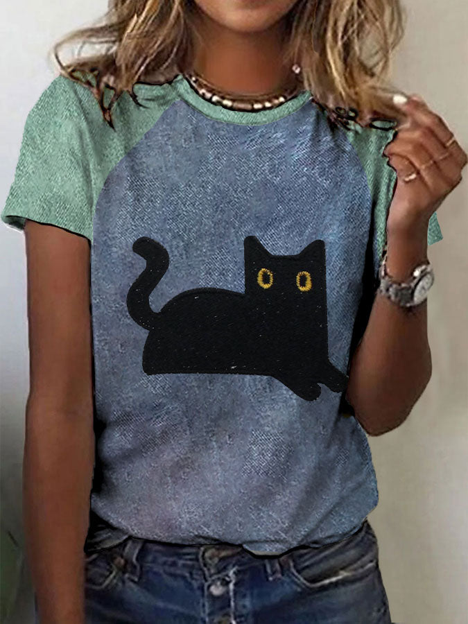 Women's black cat color-blocked casual T-shirts