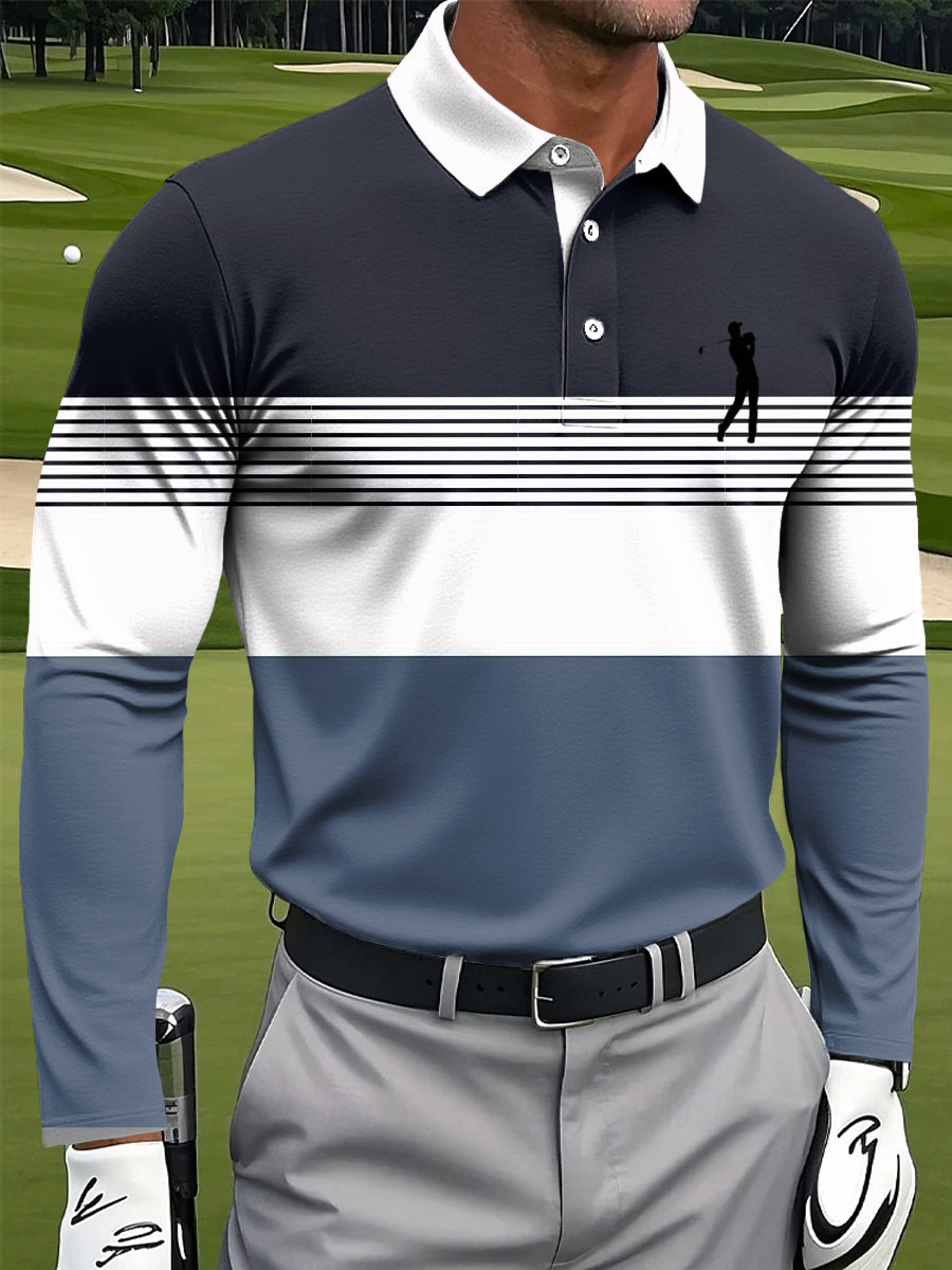 Men's Retro Multicolor Stripe Art Print Casual Business Long Sleeve Polo Shirt