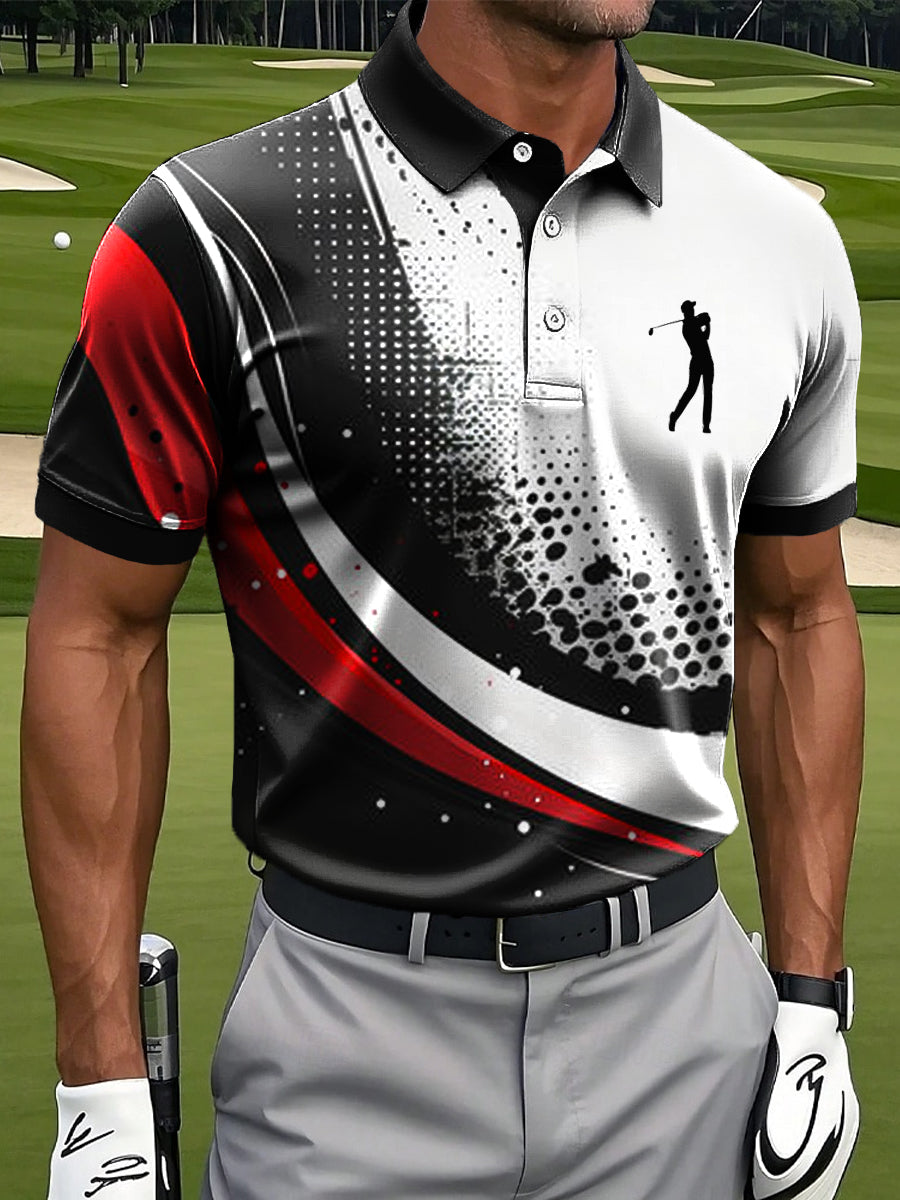 Men's Retro Abstract Line Ink Art Print Casual Business Polo Shirt