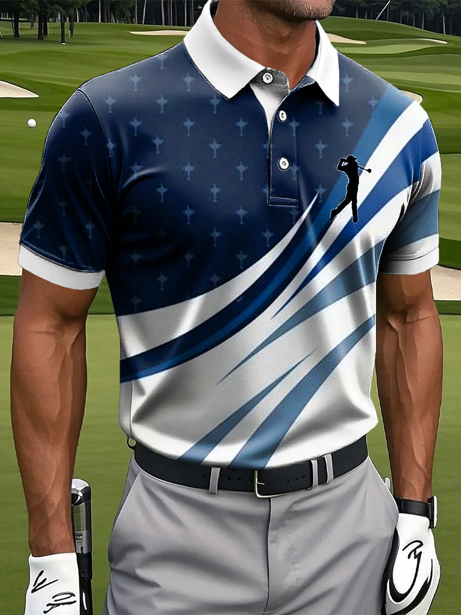 Men's Retro Line Splicing Art Print Casual Business Polo Shirt