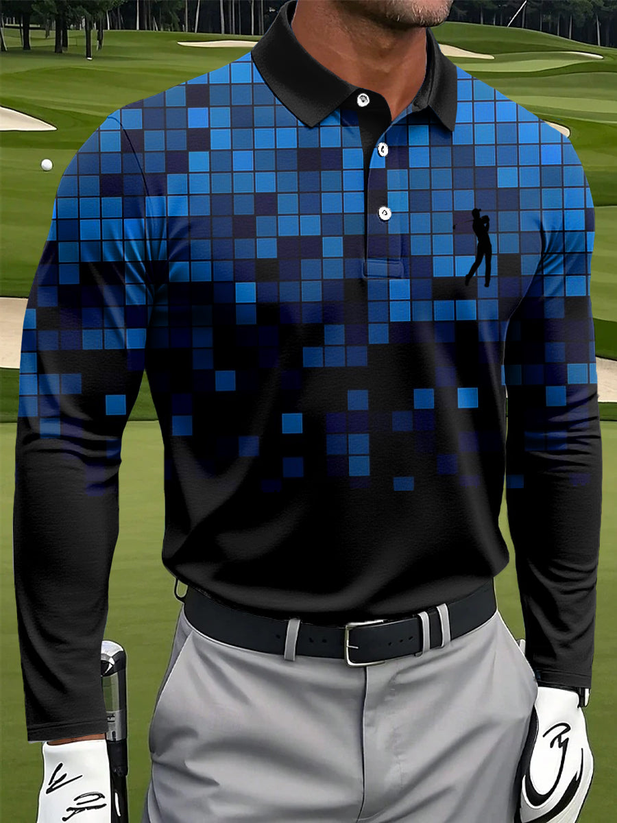 Men's Retro Gradient Plaid Art Print Casual Business Long Sleeve Polo Shirt