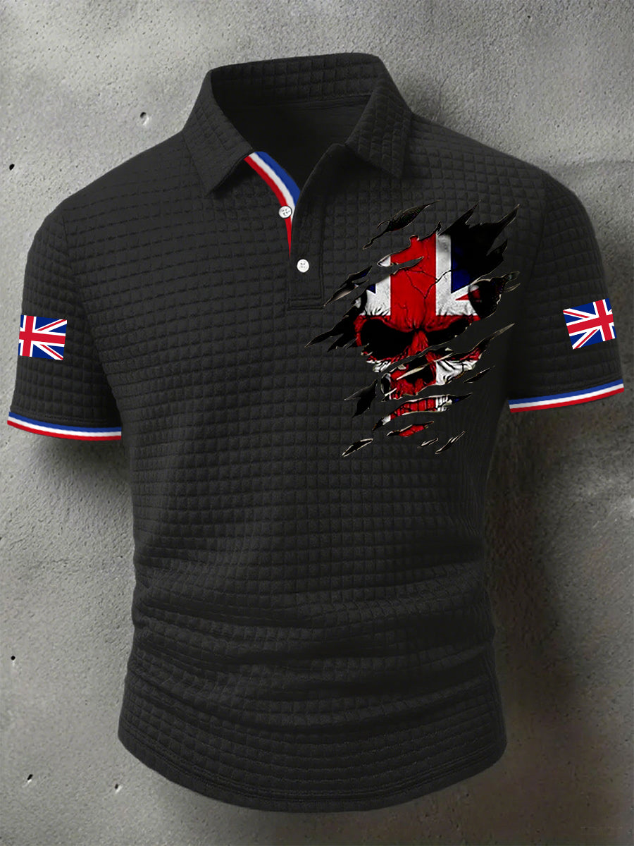Men's UK Flag Skull Print Casual Short-Sleeve Waffle Top