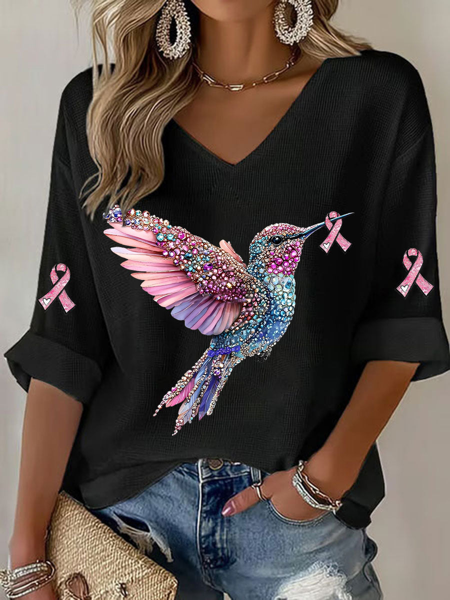 Women's Breast Cancer Hummingbird Print Casual T-shirt