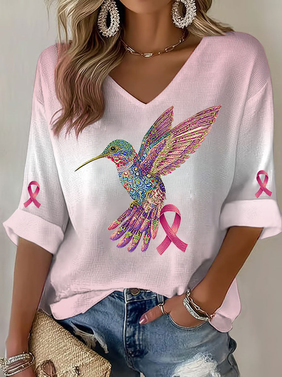 Women's Breast Cancer Hummingbird Print Casual T-shirt