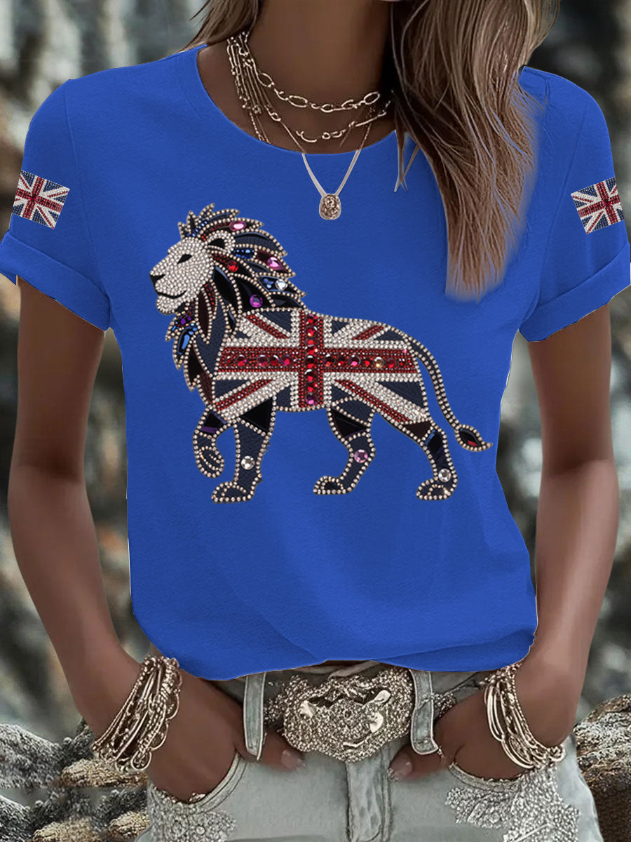 Women's British imitation diamond hot-drilling Printed Iron On Short Sleeve T-Shirt