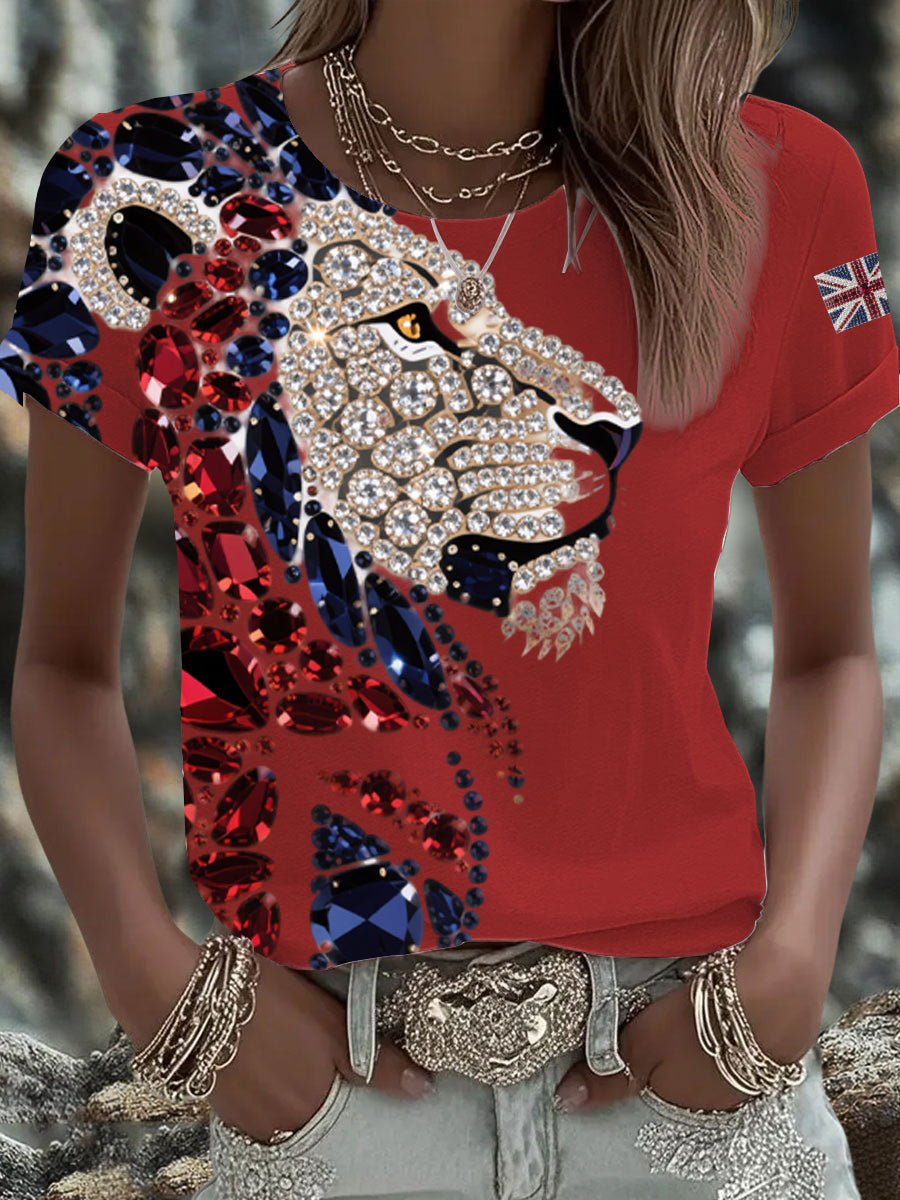 Women's British imitation diamond hot-drilling Printed Iron On Short Sleeve T-Shirt