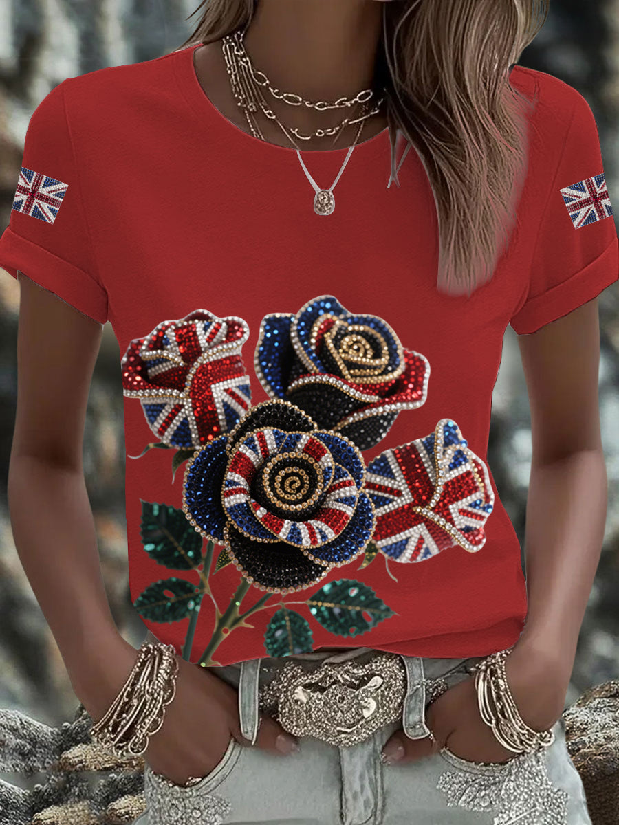 Women's British imitation diamond hot-drilling Printed Iron On Short Sleeve T-Shirt