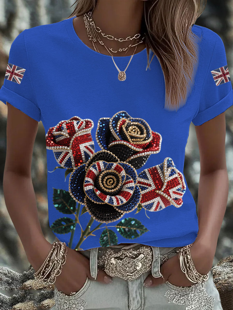Women's British imitation diamond hot-drilling Printed Iron On Short Sleeve T-Shirt