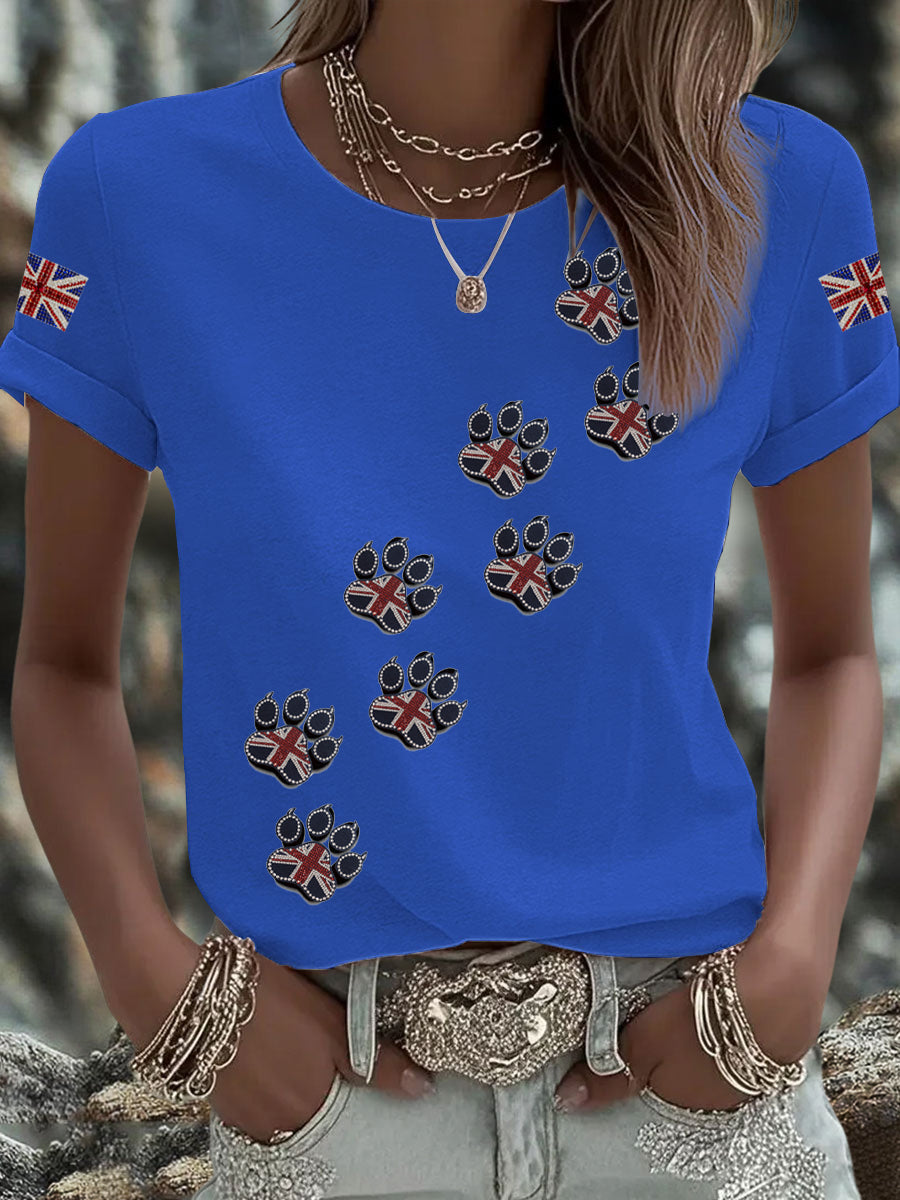 Women's British imitation diamond hot-drilling Printed Iron On Short Sleeve T-Shirt