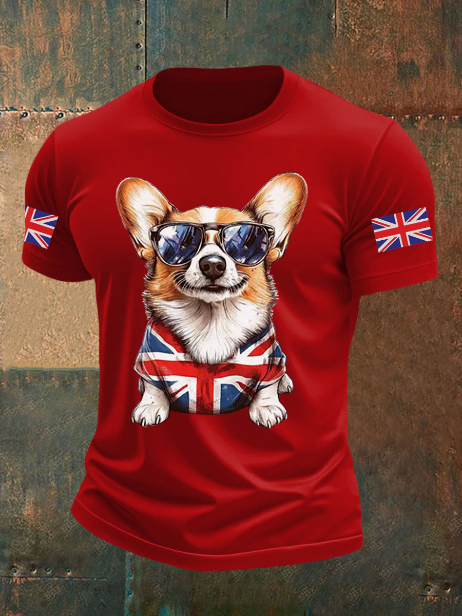 Men's Vintage England Flag Dog Printed T-shirt