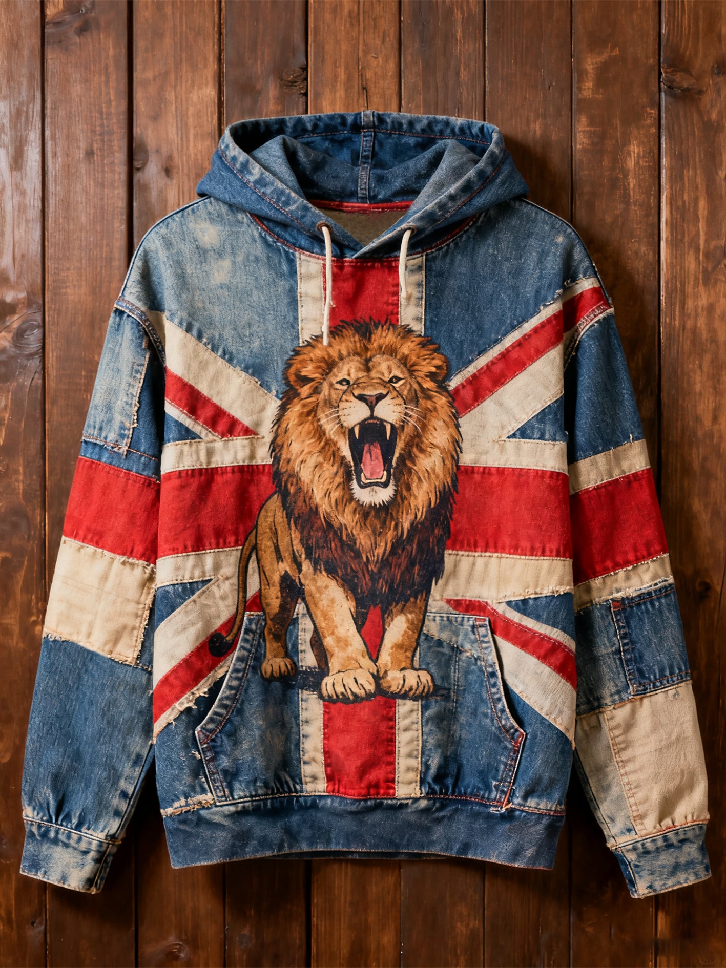 Men's Vintage England Flag Lion Oversized Drop-Shoulder Hoodie with Pockets
