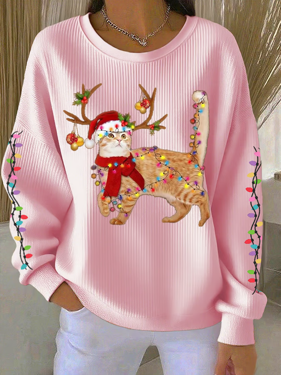 Women's Cat wearing Santa hat Printed Tops