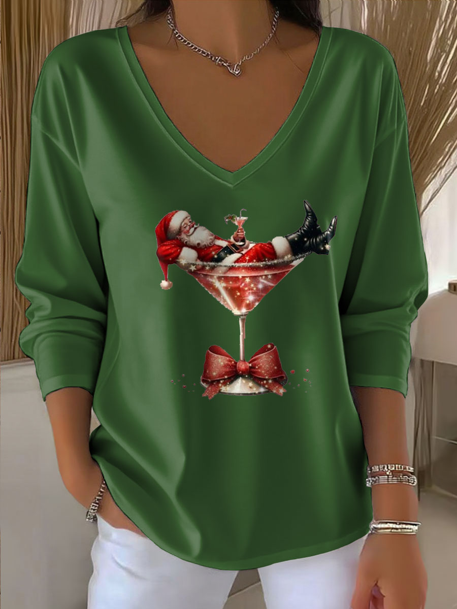 Women's Santa Claus Printed V-Neck T-Shirt