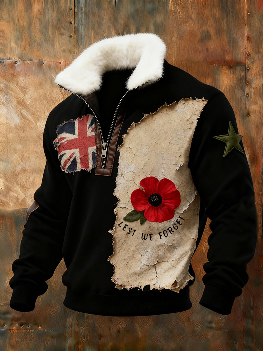 Men's Memorial Day "Forget Me Not" Poppy Fur Collar Sweatshirt