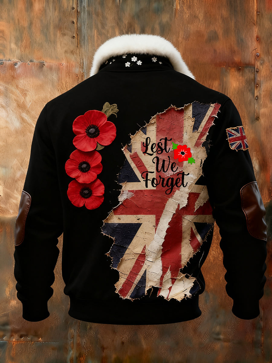 Men's Memorial Day "Forget Me Not" Poppy Fur Collar Sweatshirt