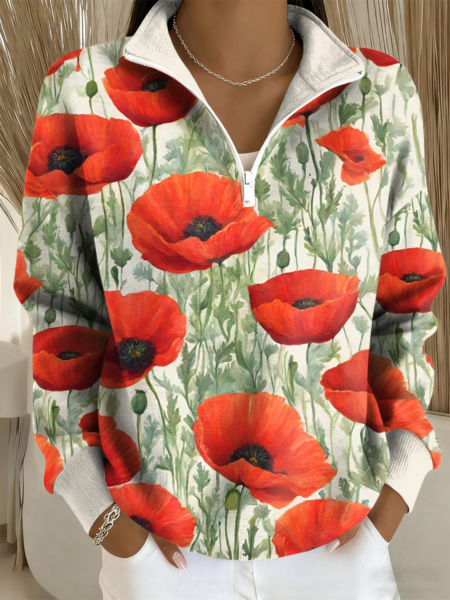 Women's Remembrance Day Poppy Floral Printed Zip Top