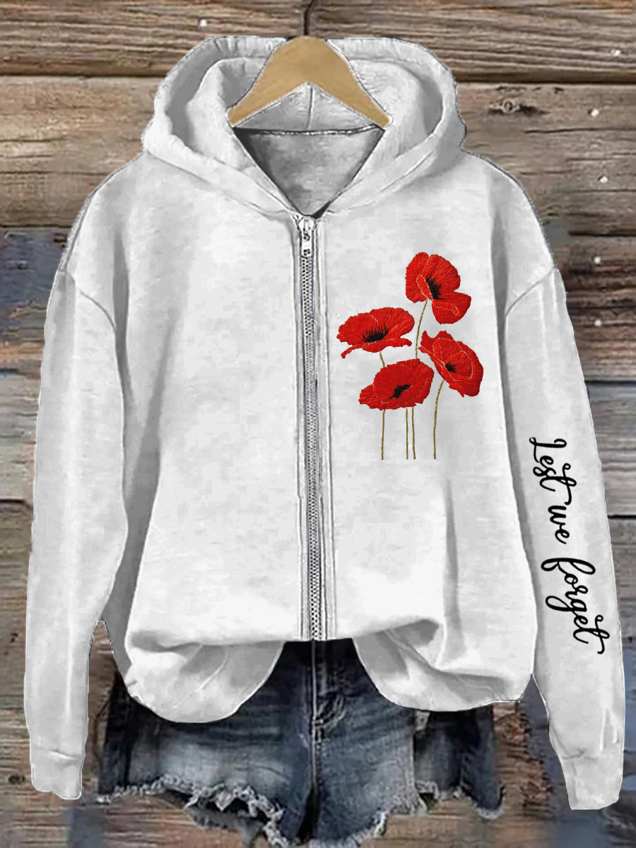 Women's Remembrance Day Poppy Floral Printed Hoodie Jacket