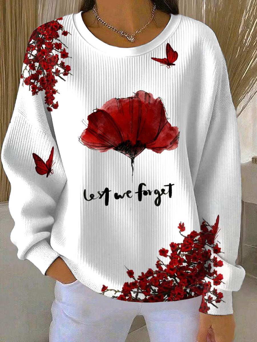 Women's Lest We Forget Printed Ribbed Round-Neck Sweatshirt