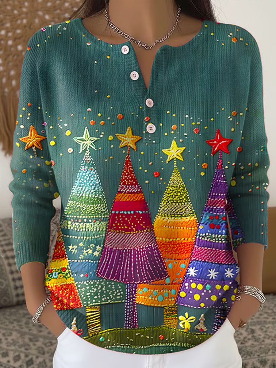 Women's Christmas Tree Print Button Top