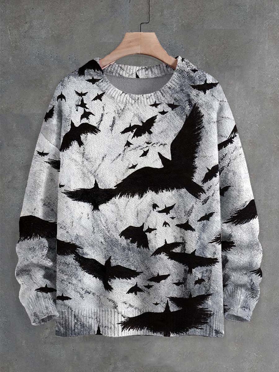 Unisex Painted Abstract Raven Print Crew Neck Sweater