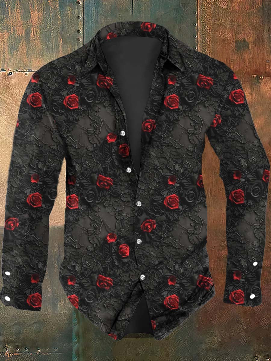 Men's Gothic Rose Print Long Sleeve Shirt