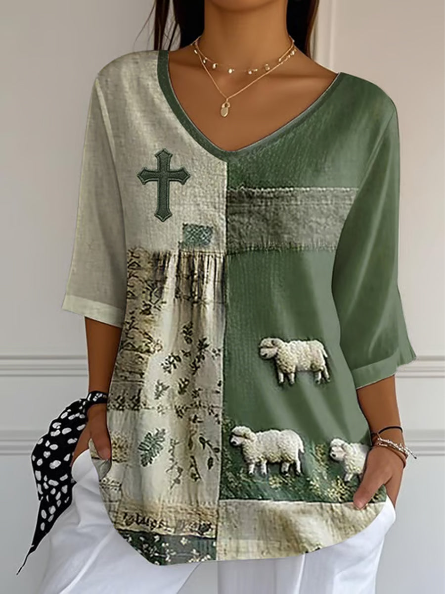 Women's Faith Cross Cute Lamb Print Casual T-Shirt