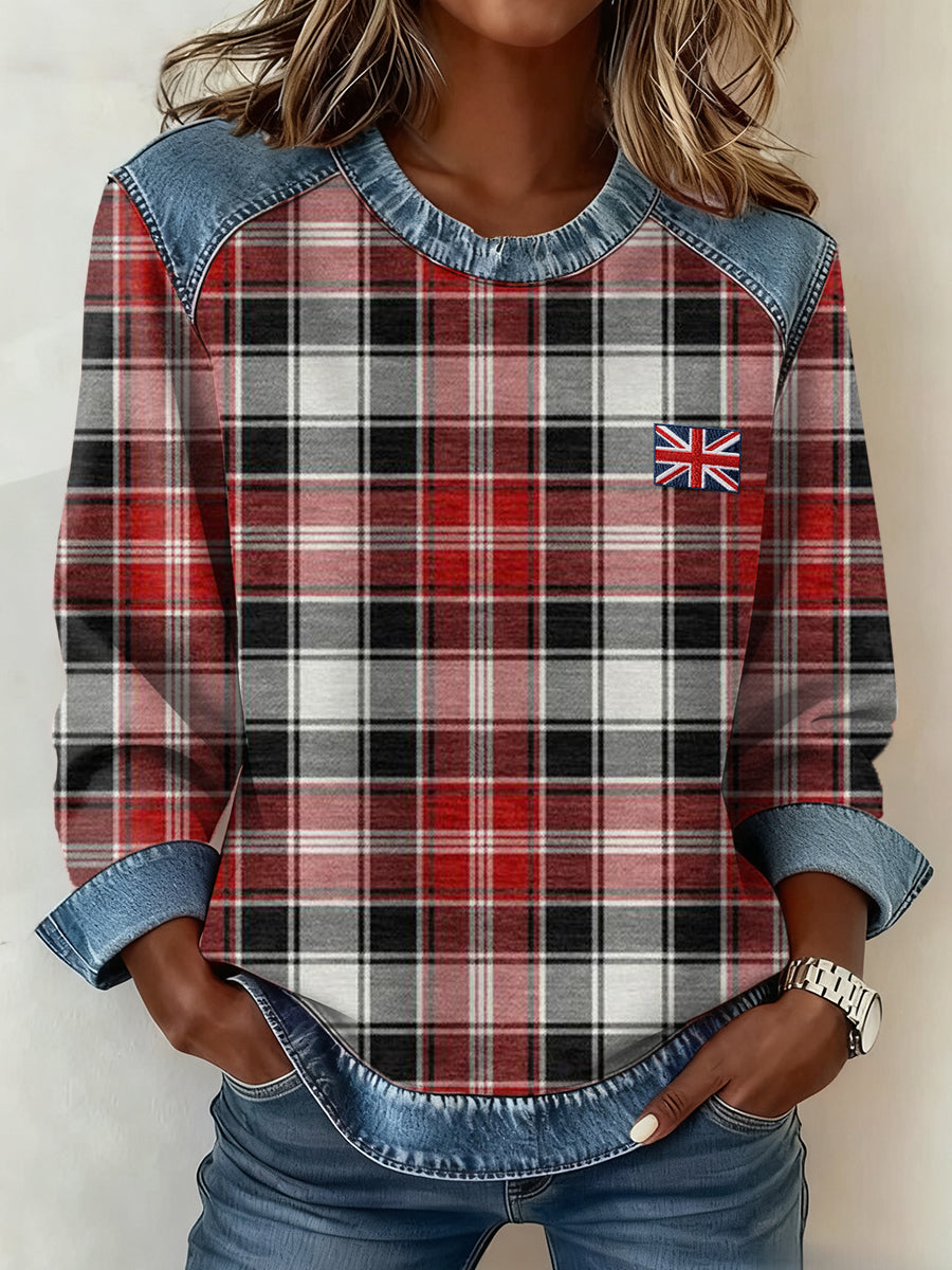 Women's British Style Inspired Plaid Pattern Patchwork Art Sweatshirt