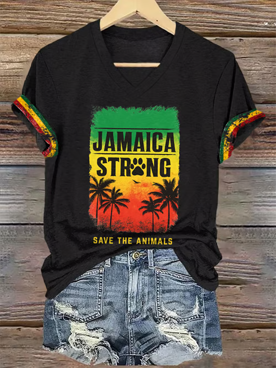 Women's V-Neck Retro Jamaica Strong Save The Animals Reggae Red, Green, And Gold Print T-Shirt