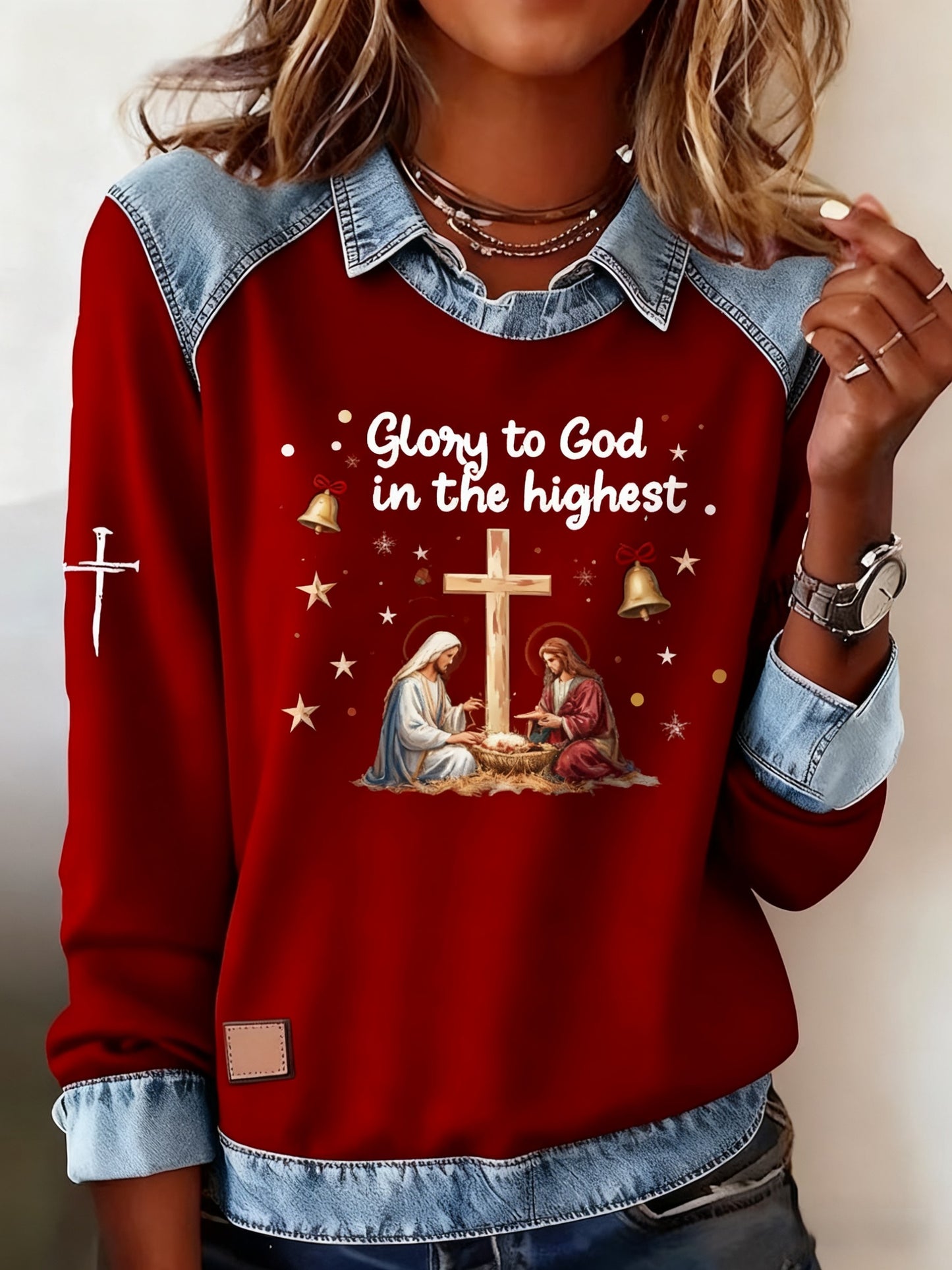 Vintage Christmas Faith Jesus Printed Casual Loose Long Sleeve Lapel Sweatshirt
