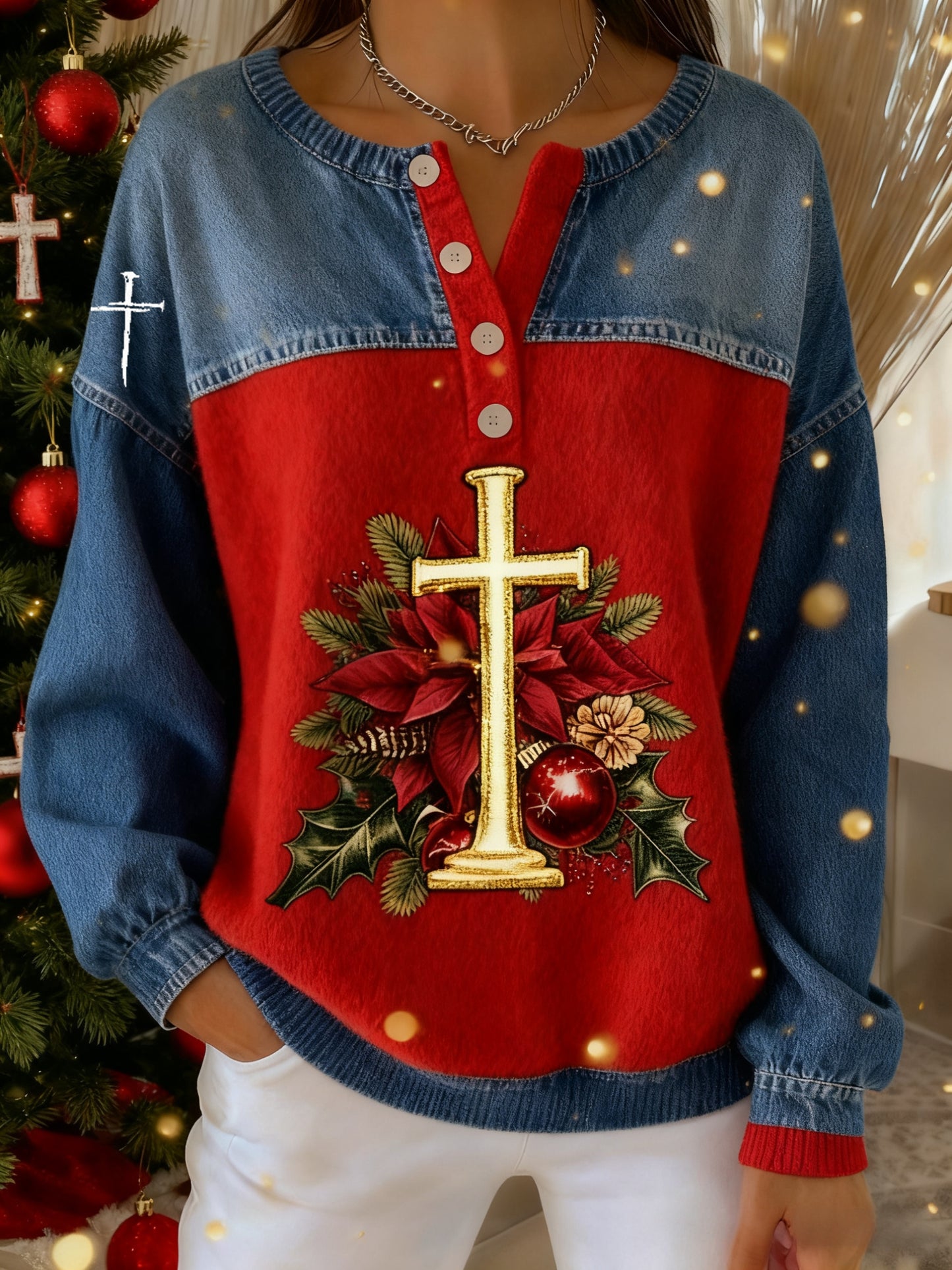 Vintage Christmas Faith Cross Floral Print Long-sleeve Sweater