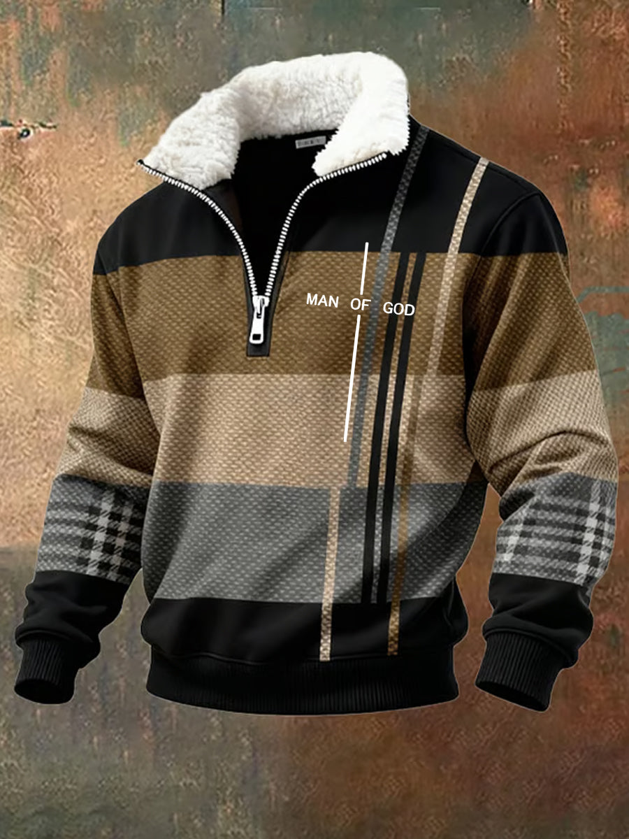Men's Retro Artistic Faith Casual Thick Sweatshirt with Fur Collar