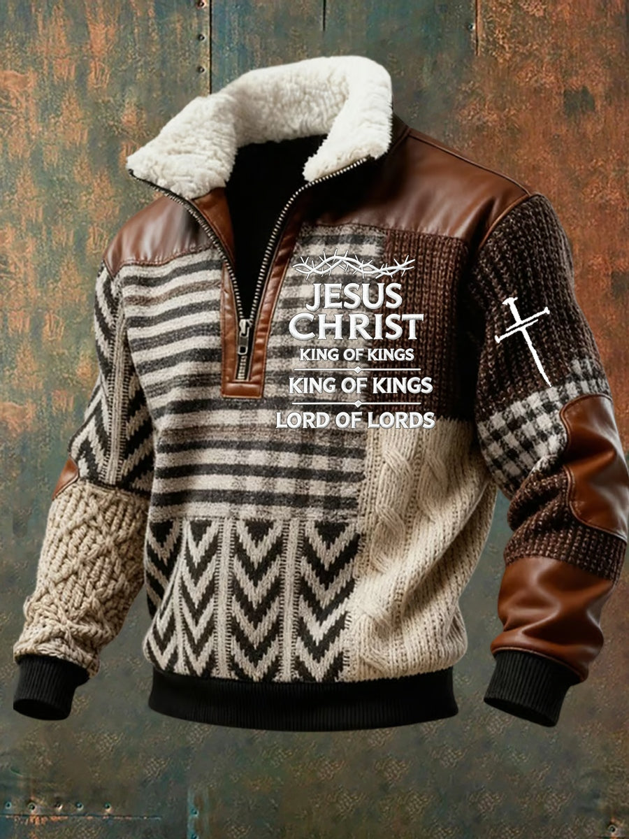 Men's Retro Artistic Faith Casual Thick Sweatshirt with Fur Collar