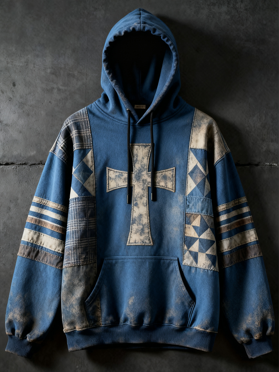 Men's Faith Retro Style Print Oversized Drop-Shoulder Hoodie with Pockets