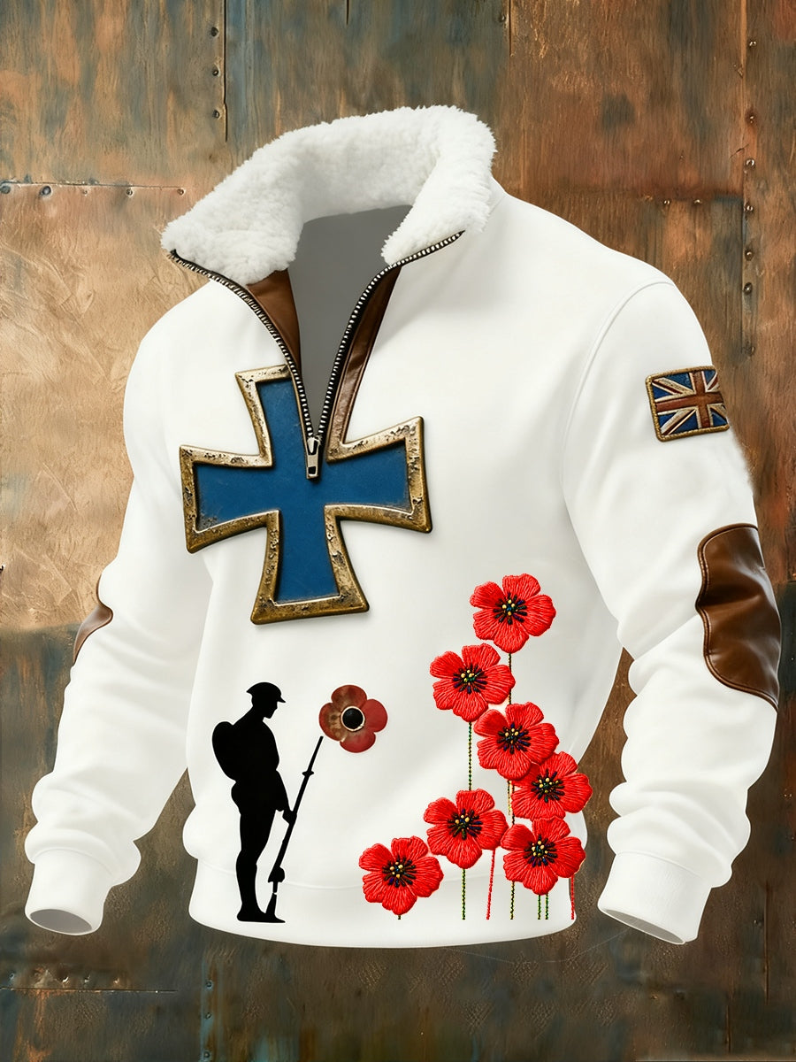 Men's Memorial Day "Forget-Me-Not" Poppy Flower Fur Collar Sweatshirt
