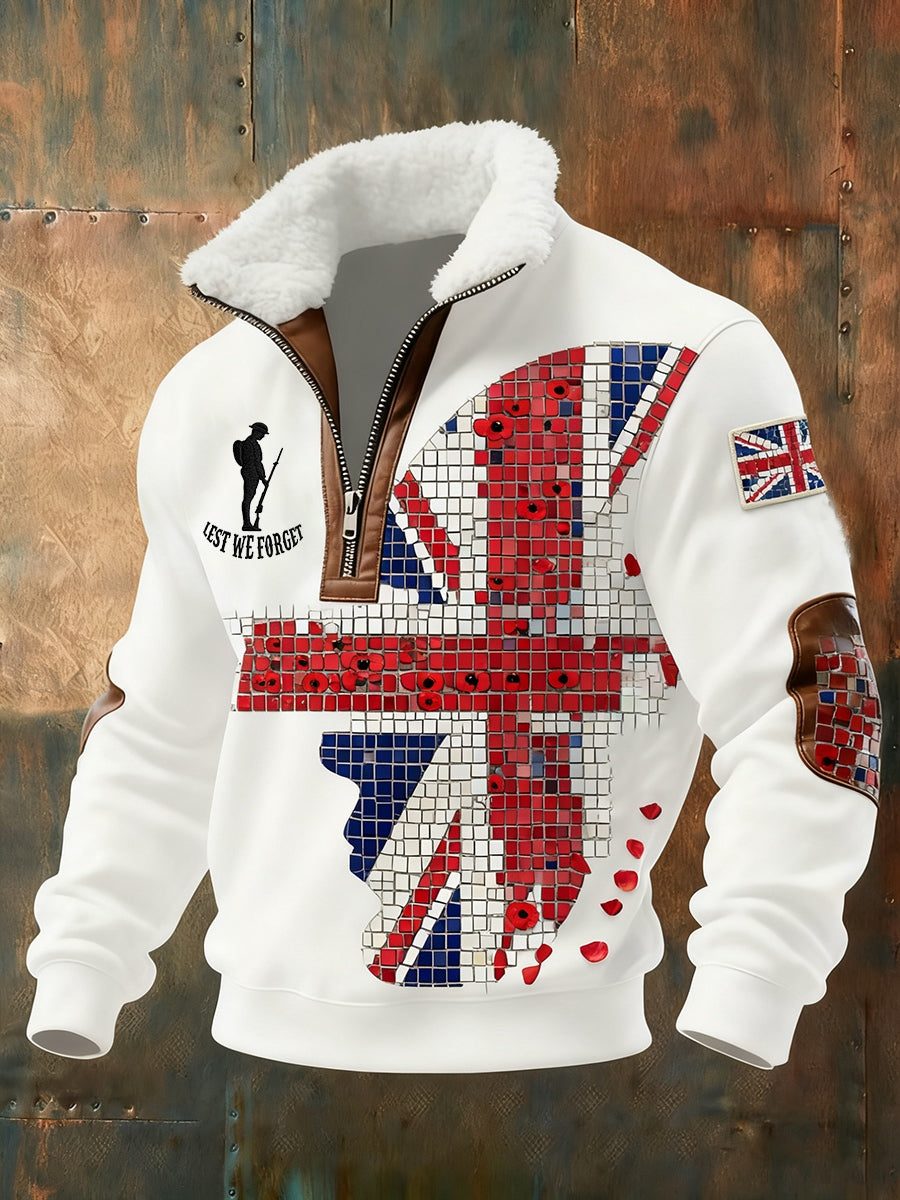 Men's Memorial Day "Forget-Me-Not" Poppy Flower Fur Collar Sweatshirt