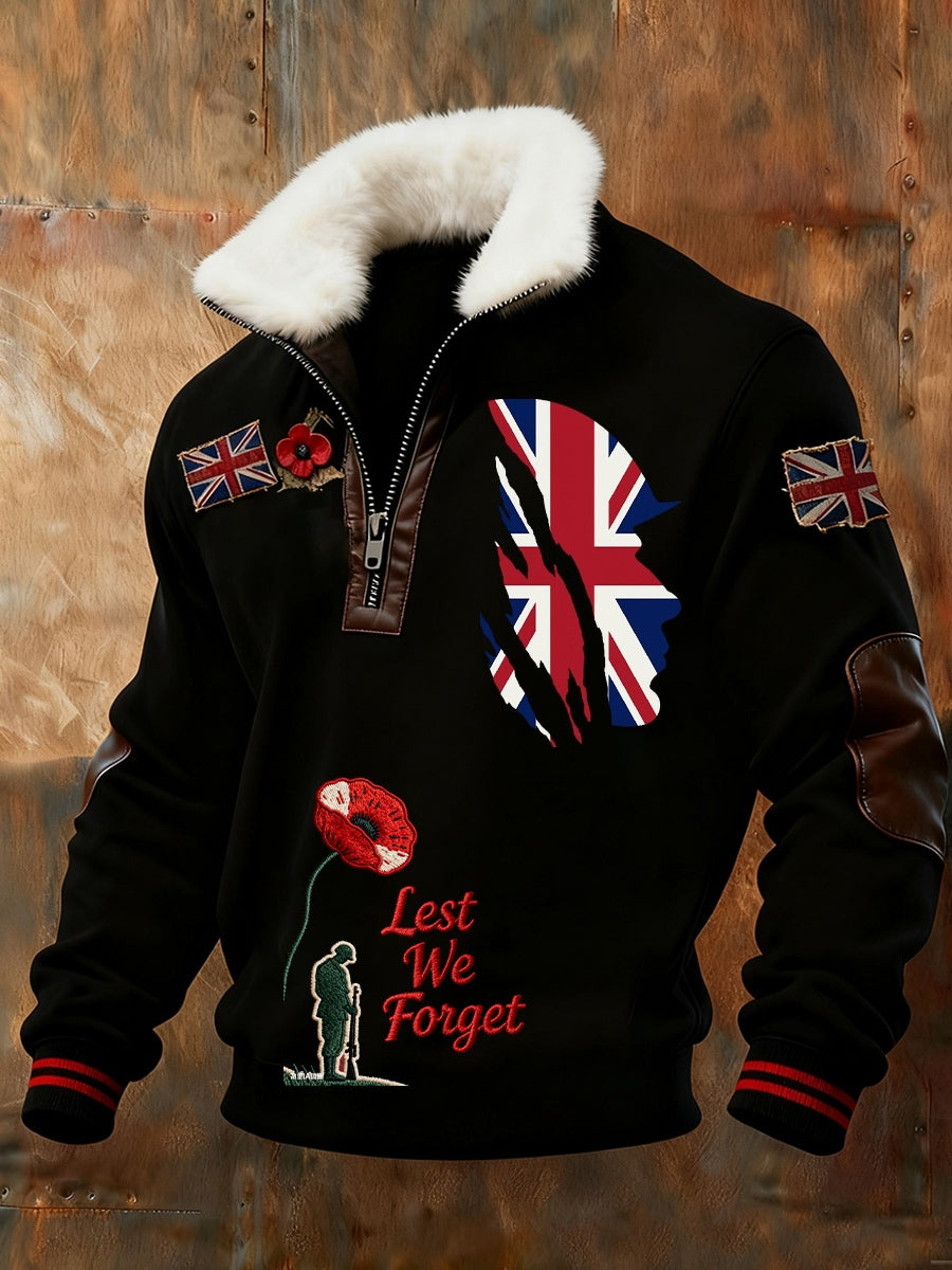 Men's Memorial Day "Forget-Me-Not" Poppy Flower Fur Collar Sweatshirt