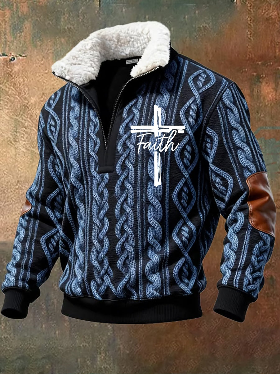 Men's Vintage Art Faith Casual Fur Collar Sweatshirt
