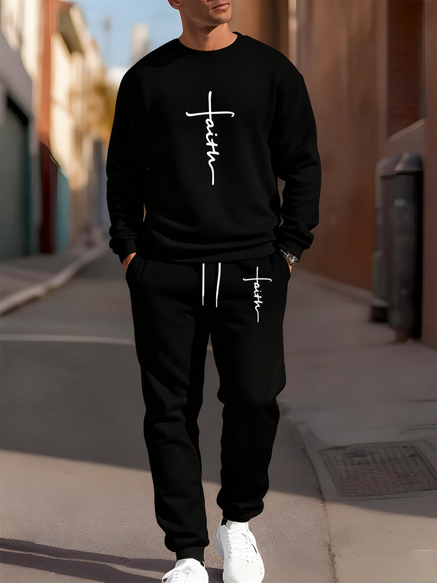 Men's Retro Faith Art Print Casual Crew Neck Sweatshirt and Pants 2-Piece Set