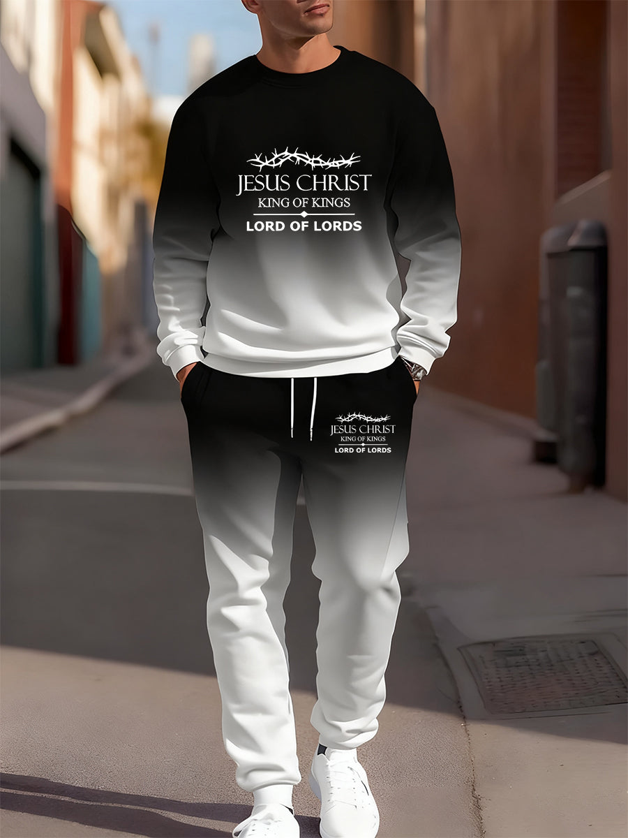 Men's Retro Faith Art Print Casual Crew Neck Sweatshirt and Pants 2-Piece Set